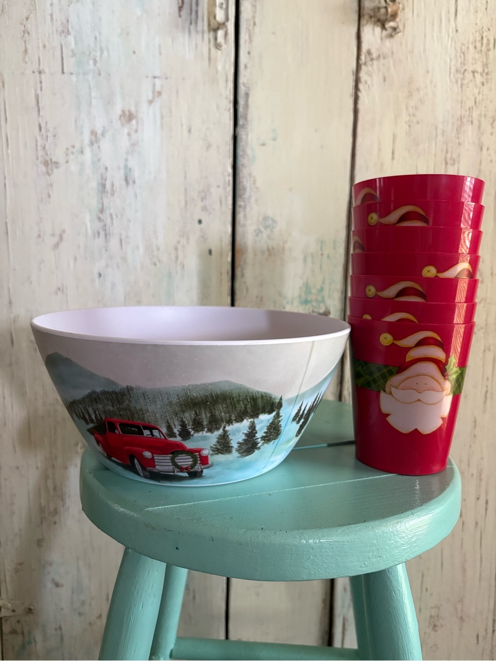Holiday Christmas plastic bowl with red truck winter scene and 7 plastic glasses
